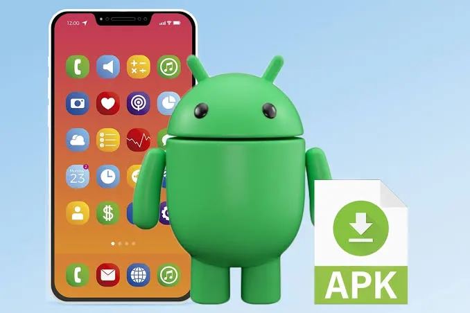 Android mascot beside a phone and an APK file icon