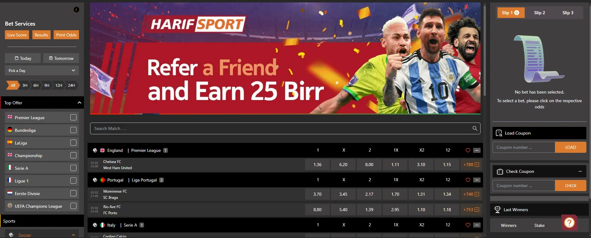 Harif Sport desktop sportsbook with football odds, bet slip and live match list
